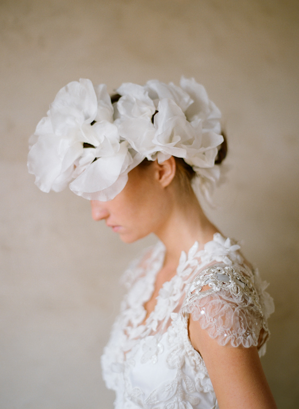 Elaborate headpiece and ornate embroidered wedding dress, photo by Elizabeth Messina Photography
